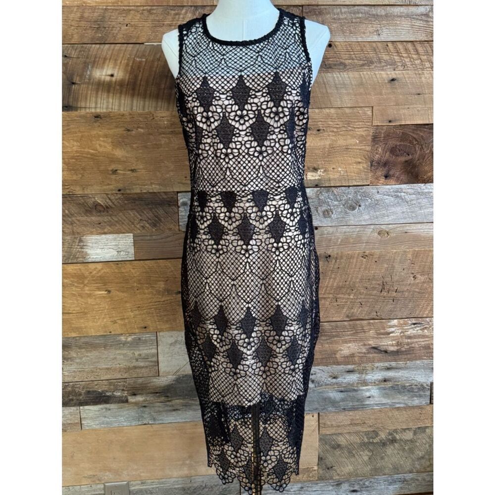Bisou Bisou Black Crochet Lace Nude Illusion Sleeveless Midi Dress Womens Size 8